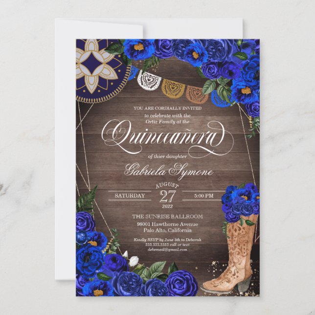 Invitation Rose Royal Blue Charra Cowgirl Western Quinceañera (Devant)