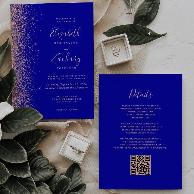 Invitation Rose Royal Blue Gold Parties scintillant QR Code M (Créateur téléchargé)