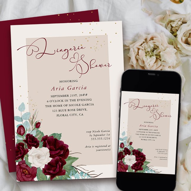 Invitation Rose royal Bourgogne ivoire Floral Lingerie Douche (Available to order professionally printed or as a printable download)