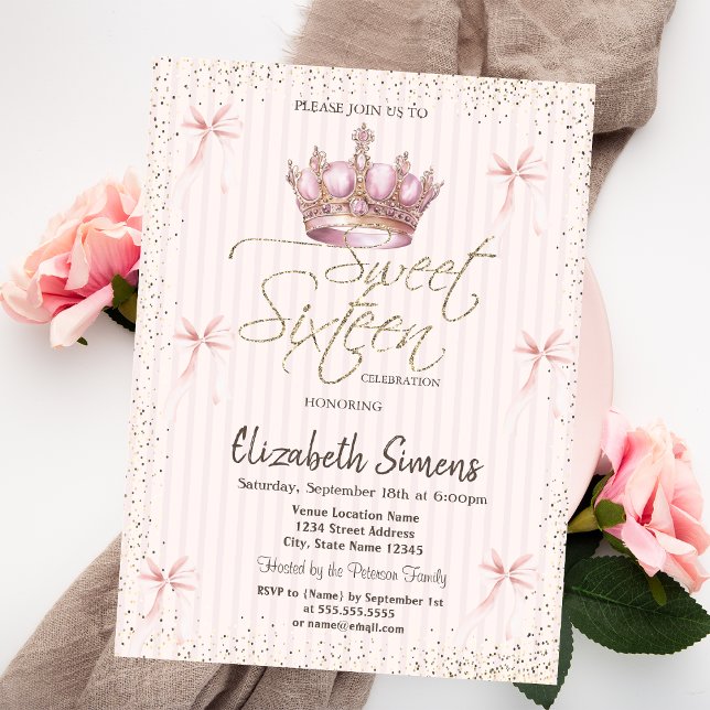 Invitation Rose Ruban Couronne Royale Confettis Rayée Douze A (Créateur téléchargé)