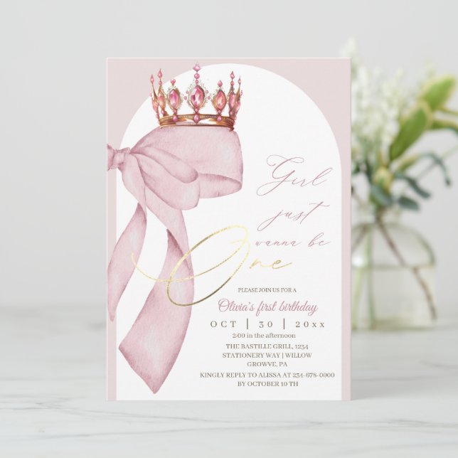 Invitation Rose Ruban Rose 1er Anniversaire  (Debout devant)