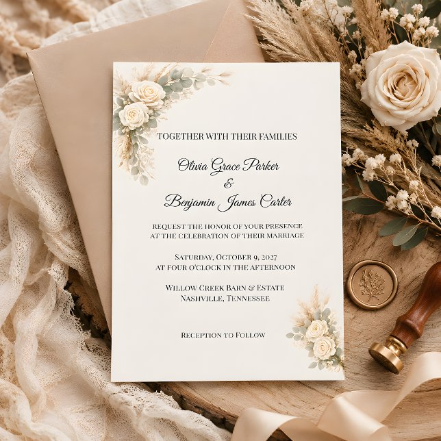 Invitation Rose Rustique de Luxe avec Herbe de Pampas (Luxury rustic wedding invitation)