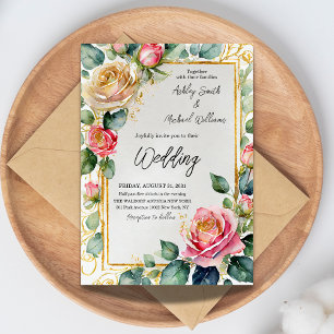 Invitation Rose rustique  encadré aquarelle Mariage floral