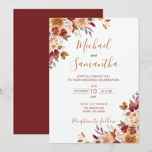 Invitation Rose Rustique et Mariage Automnal au Chrysanthème (Devant / Derrière)