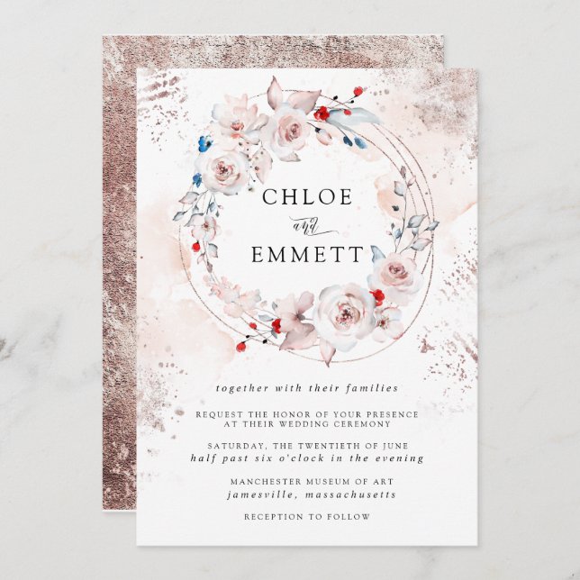 Invitation Rose Rustique Floral et Mariage or (Devant / Derrière)