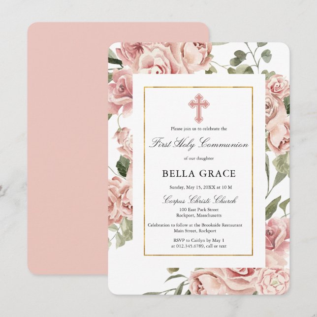 Invitation Rose Rustique Floral Première Sainte Communion Inv (Devant / Derrière)