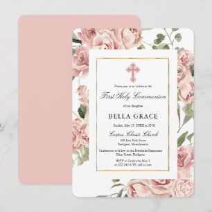 Invitation Rose Rustique Floral Première Sainte Communion Inv