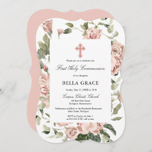 Invitation Rose Rustique Floral Première Sainte Communion Inv