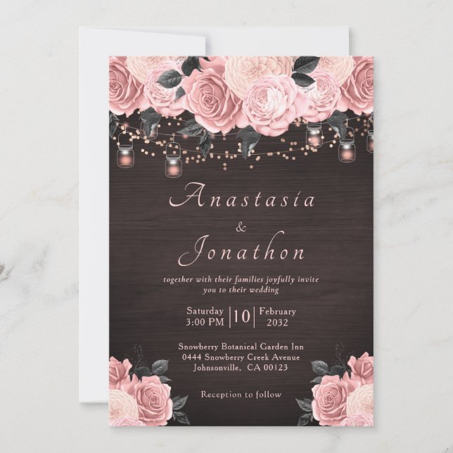 Invitation Rose Rustique Gold Floral String Mariage (Devant)