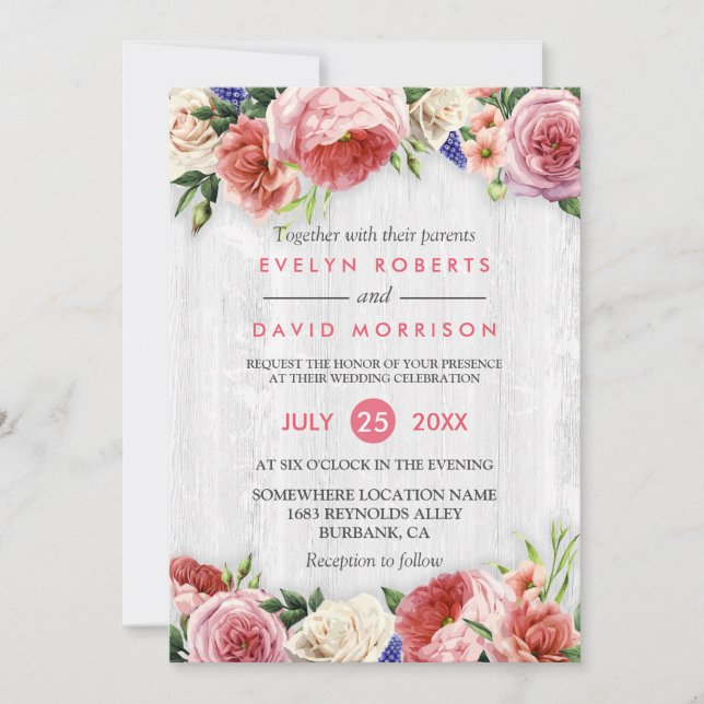 Invitation Rose Rustique rose Floral Chic Blanc Mariage (Devant)