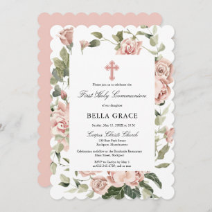 Invitation Rose Rustique Rose Floral Première Communion Saint