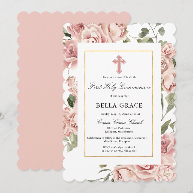 Invitation Rose Rustique Rose Floral Première Communion Saint (Devant / Derrière)