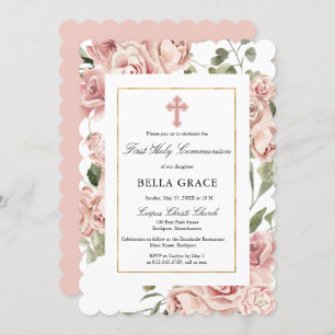 Invitation Rose Rustique Rose Floral Première Communion Saint
