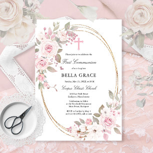 Invitation Rose Rustique Rose Floral Première Communion Saint