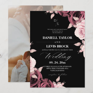 Invitation Rose Rustique Rouge Florale Mariage Noir