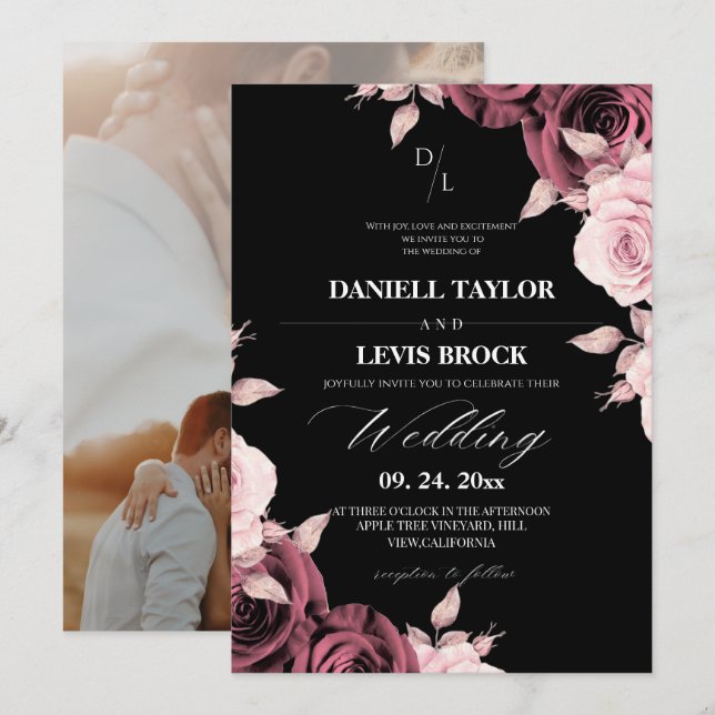 Invitation Rose Rustique Rouge Florale Mariage Noir  (Devant / Derrière)