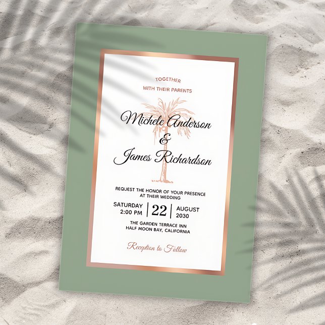 Invitation Rose Sage Gold Copper Palm Tree Tropical Mariage (Créateur téléchargé)