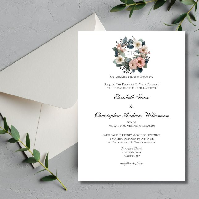 Invitation Rose Sage Vert Floral Monogramme Mariage élégant (Watercolor Pink Sage Green Florals Monogram Wreath Crest Wedding Invitation. Elegant Traditional )