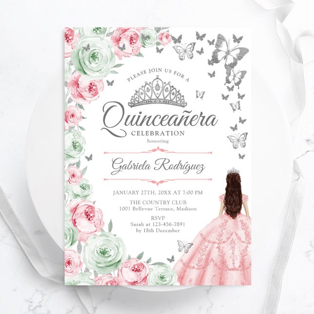 Invitation Rose Sage Vert Floral Rose Quinceanera (Créateur téléchargé)