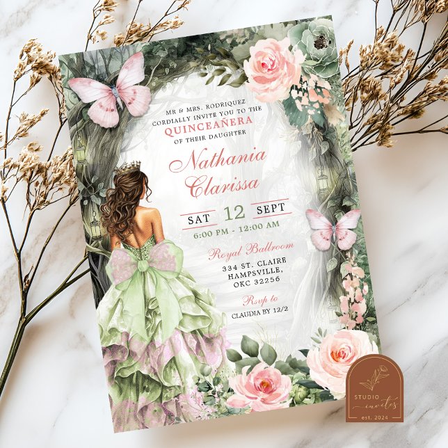 Invitation Rose Sauge Verte Forêt Fantaisiste Quinceanera (Créateur téléchargé)