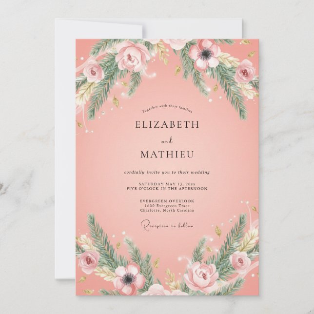 Invitation Rose Saumon Élégant Mariage d'Hiver (Devant)