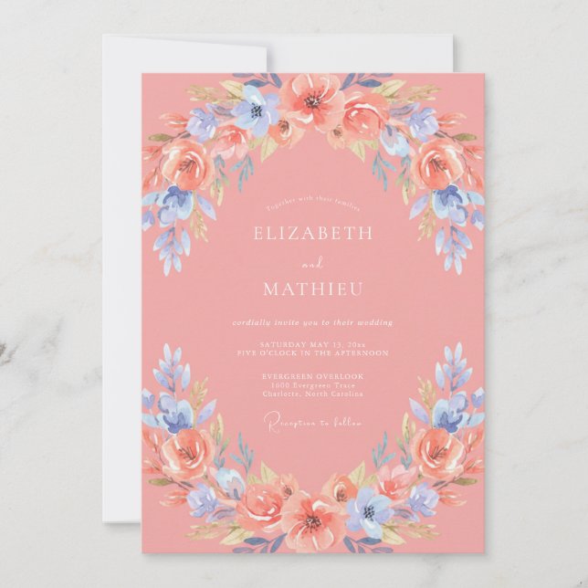 Invitation Rose Saumon Mariage Printanier Éthéré (Devant)