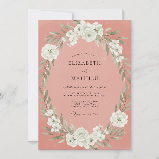 Invitation Rose Saumon Mariage Printanier Raffiné (Devant)