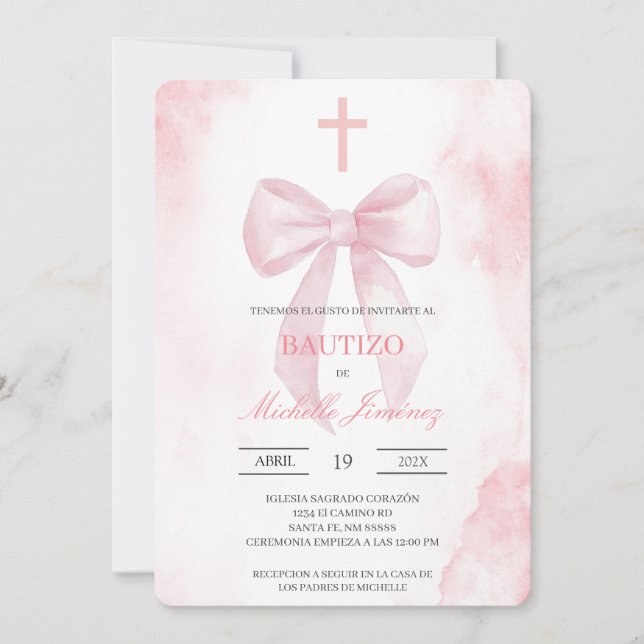 Invitation Rose saumonée avec baptême croix  (Devant)