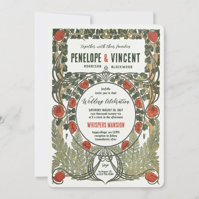 Invitation Rose sauvage Art Nouveau Cadre (Devant)