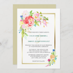 Invitation Rose sauvage Bouquet  Gold Frame Mariage
