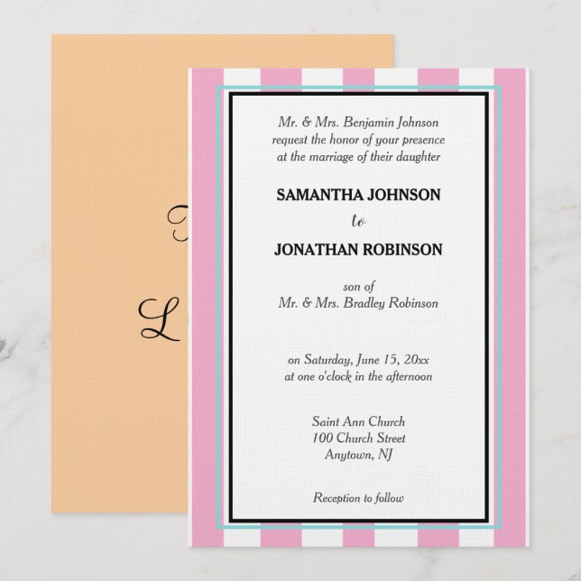 Invitation Rose Seafoam Bleu Blanc Rayures Amour Mariage (Devant / Derrière)