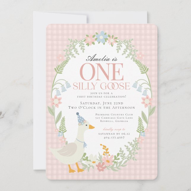 Invitation Rose Silly Goose Floral En vichy premier anniversa (Devant)