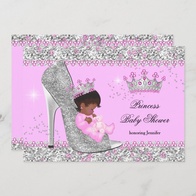 Invitation Rose Silver High Heel Princess Baby shower Ethniqu (Devant / Derrière)