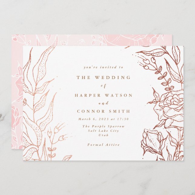 Invitation Rose simple cuivre or Élégant Mariage floral (Devant / Derrière)