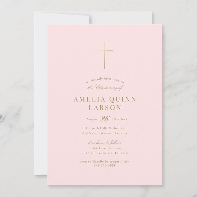 Invitation Rose Simple Elegant Gold Cross Christening (Devant)