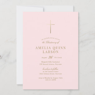 Invitation Rose Simple Elegant Gold Cross Christening