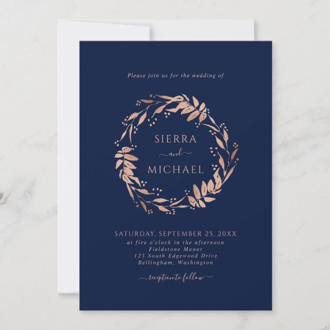 Invitation Rose simple Gold Foliing Marine Mariage bleu (Devant)