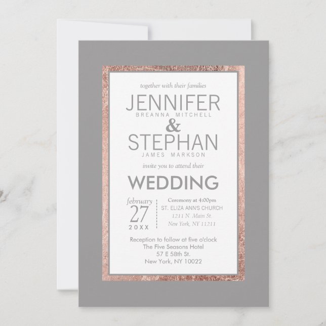 Invitation Rose simple Gold Lined Ardoise Gris Mariage (Devant)