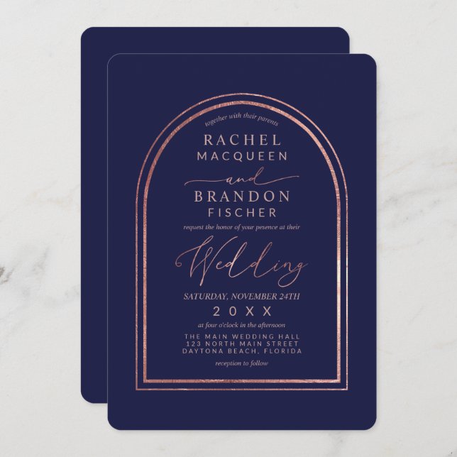Invitation Rose simple moderne Gold Marine Blue Arch Mariage (Devant / Derrière)