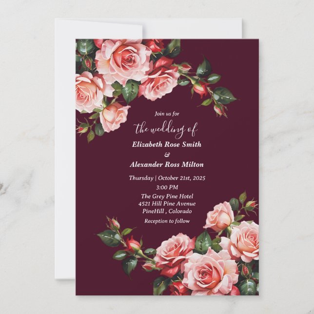 Invitation Rose sombre et rouge roses mariage bordeaux (Devant)