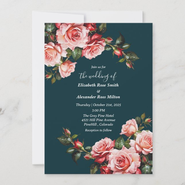 Invitation Rose sombre et rouge roses turquoise mariage (Devant)