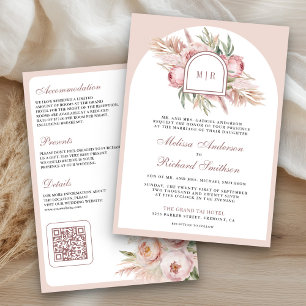 Invitation Rose souple rose floral Pampas QR Code Mariage