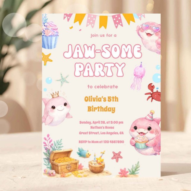 Invitation Rose sous la mer Requin mignon Fille d'anniversair (pink shark birthday invitation, girl shark party invite, under the sea birthday girl, ocean birthday)