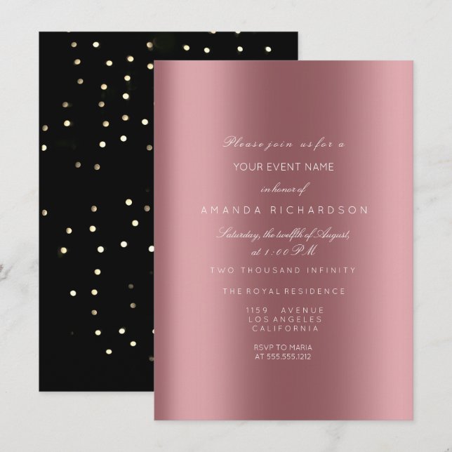 Invitation Rose Sparkly Metallic Gold Black Sepia Confetti (Devant / Derrière)