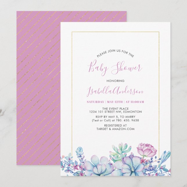 Invitation Rose | Succulentes Tropicales Fête Prénatale d'Été (Devant / Derrière)
