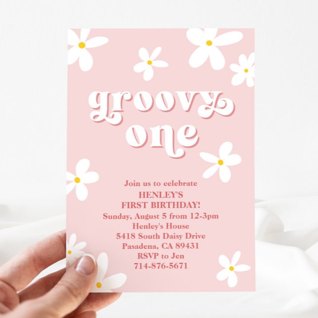 Invitation Rose Super un premier anniversaire Retro Daisy (Créateur téléchargé)