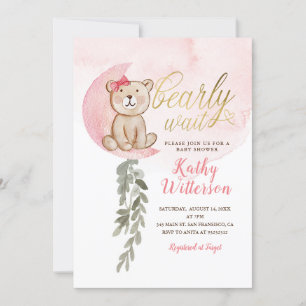 Invitation Rose sur la lune Ours Baby shower fille