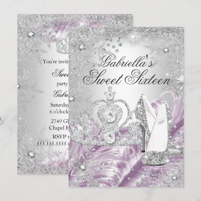 Invitation Rose Sweet 16 Hiver Étincelle Flocon de (Devant / Derrière)