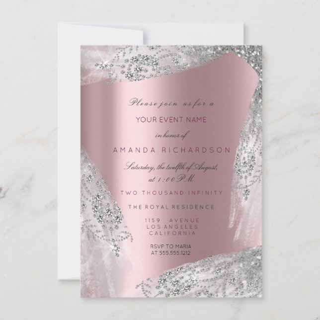 Invitation Rose Sweet 16ème Mariage Argent Gris Rose Mauve (Devant)