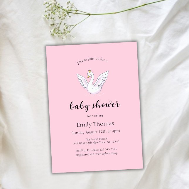 Invitation Rose Sweet moderne Princess Swan Baby shower (Pink Sweet Modern Princess Swan Baby Shower Invitation)